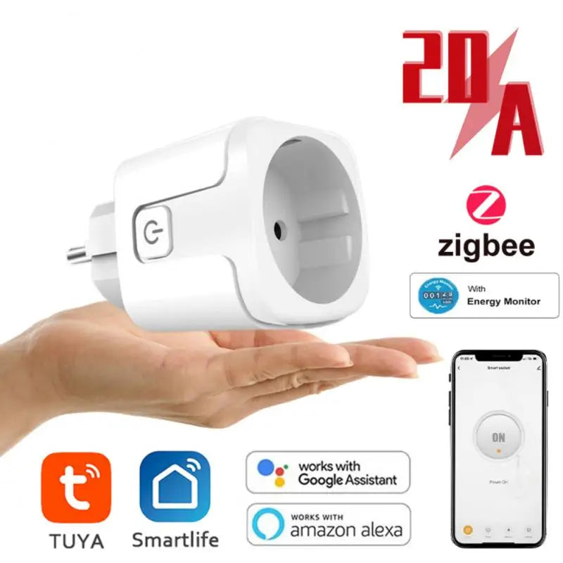 Tuya Zigbee Smart Plug With Power Monitoring 20A/16A EU Smart Socket Timer Function Voice Control Via Alexa Google Home Yandex