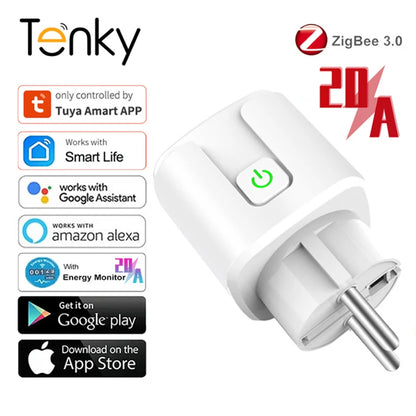 Tuya ZigBee Smart Socket EU 20A Energy Monitor Smart Plug Power Outlet, Alexa Google Home Voice Control, For Tuya Smart Life APP