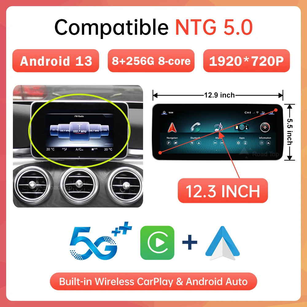 Android 13 Touch Screen Auto CarPlay For Mercedes C Class W205 GLC V Class W447 2015-2019 Car Radio Multimedia GPS Navi 4G WiFi