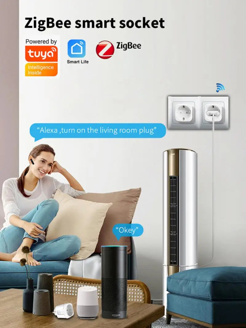 Tuya Zigbee Smart Plug With Power Monitoring 20A/16A EU Smart Socket Timer Function Voice Control Via Alexa Google Home Yandex