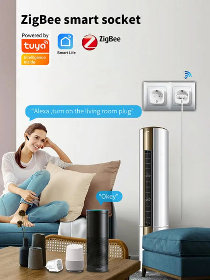 Tuya Zigbee Smart Plug With Power Monitoring 20A/16A EU Smart Socket Timer Function Voice Control Via Alexa Google Home Yandex