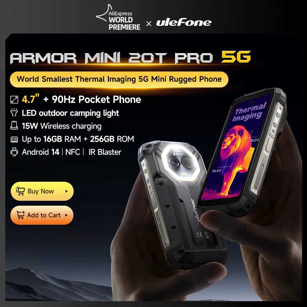 【World Premiere】Ulefone Armor Mini 20T Pro 5G  4.7" Display  Rugged Phone LED Light Android 14 Smartphone 6200mAh 16GB+256GB 33W