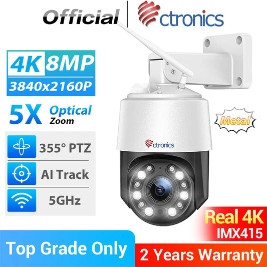 Ctronics 4K 8MP 5X Optical Zoom IP Camera 5G WiFi PTZ 360 Outdoor AI Auto Tracking CCTV Color Night Vision Two Way Audio